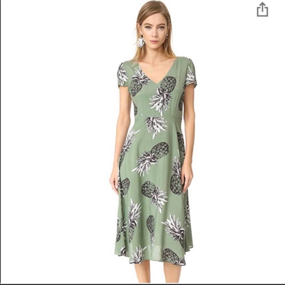 BB Dakota Whimsical Emmaline Pineapple Print Tie Back Midi Dress S Sage Green